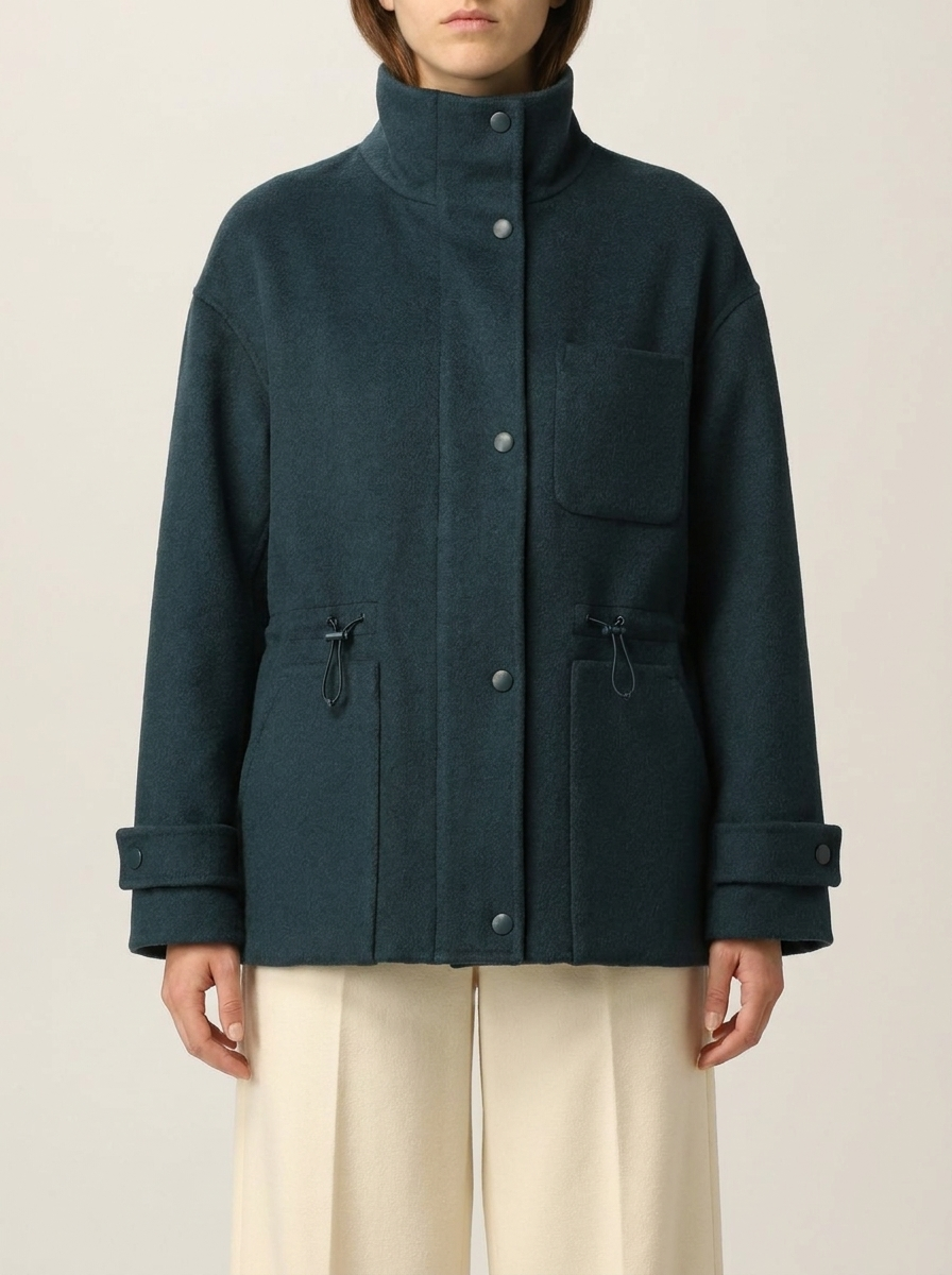 Veste courte en laine double face bleu pétrole