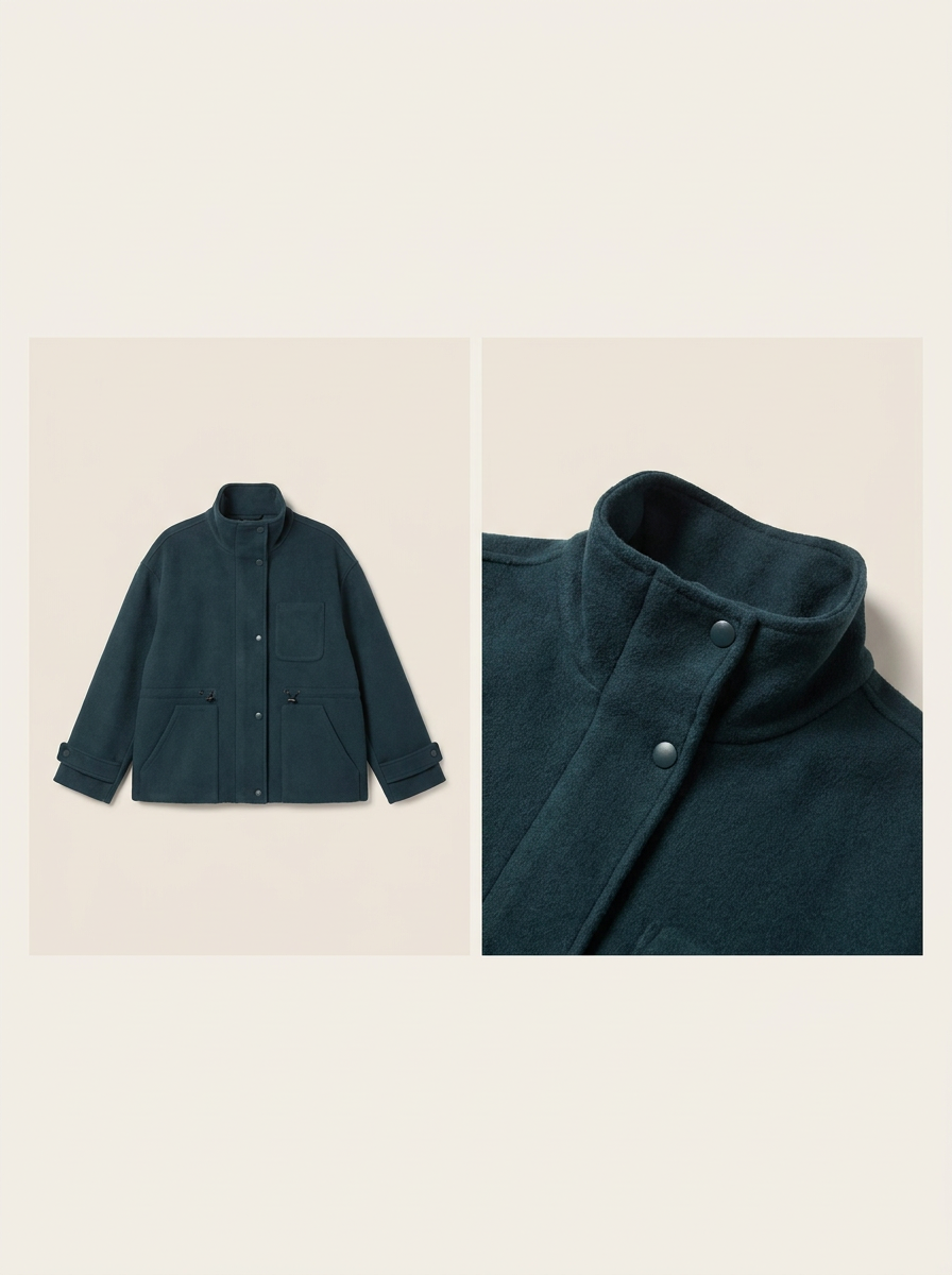 Veste courte en laine double face bleu pétrole
