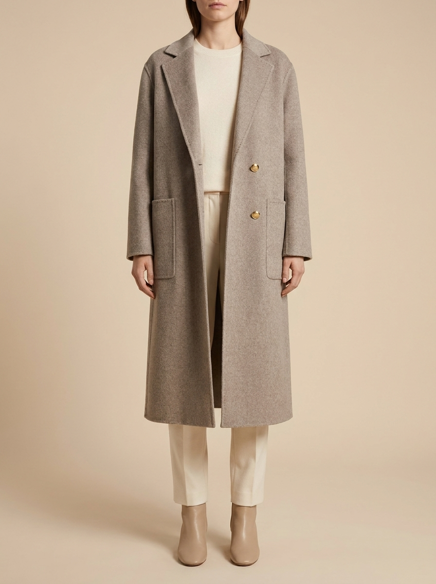 Manteau long en laine double face taupe