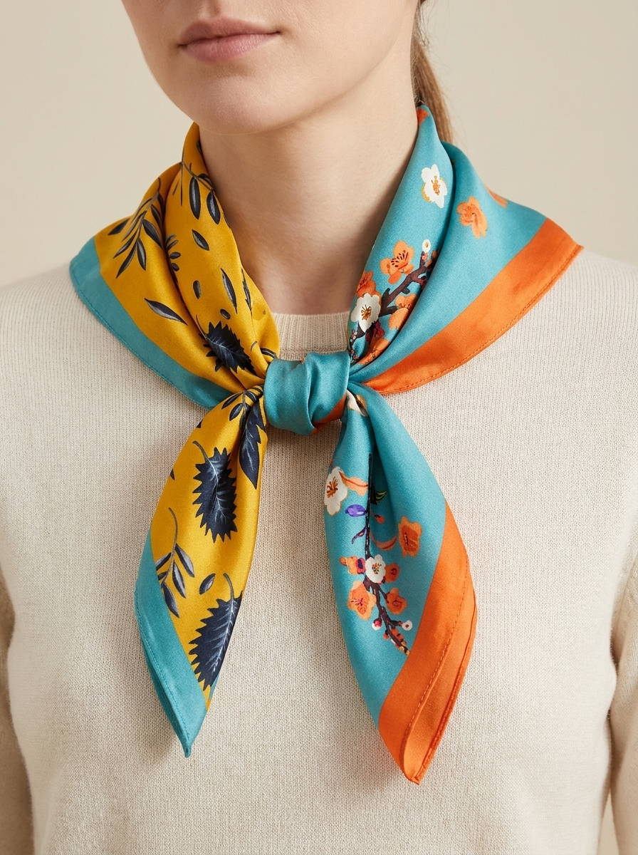 Foulard carré en soie motif feuillage et fleurs