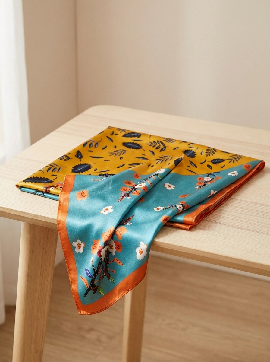 Foulard carré en soie motif feuillage et fleurs