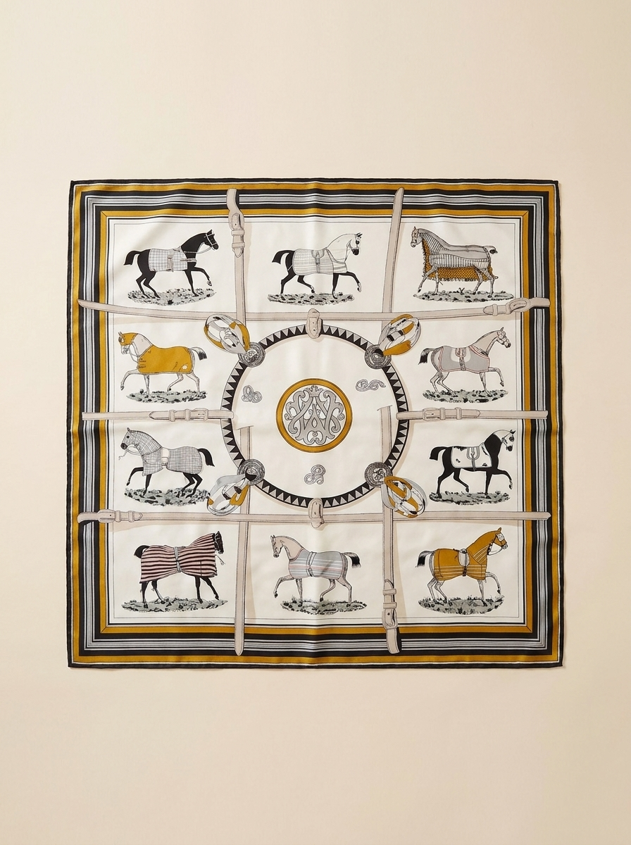 Foulard carré en soie motif chevaux