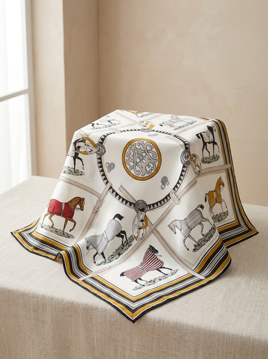 Foulard carré en soie motif chevaux