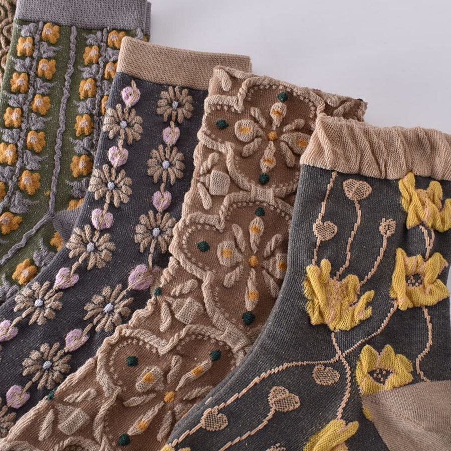 Chaussettes à Fleurs Brodées Vintage ( 5 paires )
