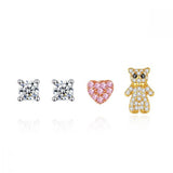 Lot de 4 boucles d'oreilles ours et cœur en argent 925 Enfant