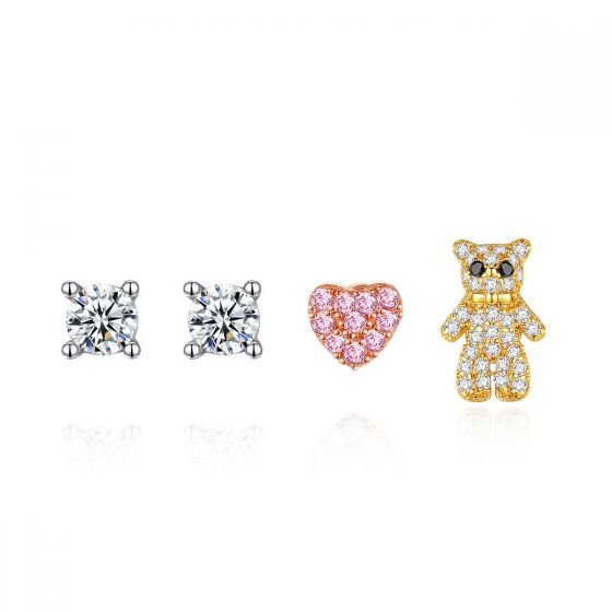 Lot de 4 boucles d'oreilles ours et cœur en argent 925 Enfant