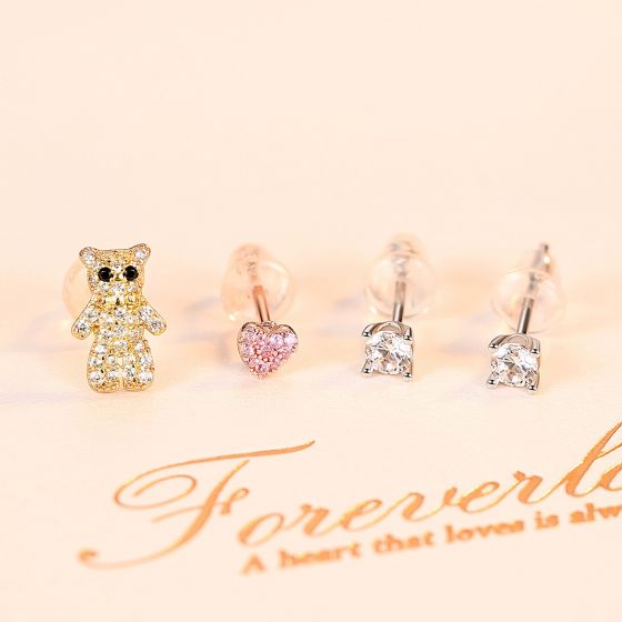 Lot de 4 boucles d'oreilles ours et cœur en argent 925 Enfant
