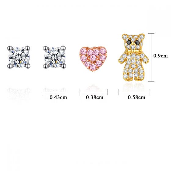 Lot de 4 boucles d'oreilles ours et cœur en argent 925 Enfant