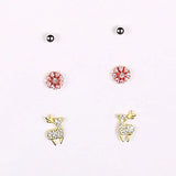 Lot de 6 boucles d'oreilles Renne et fleur en argent 925.