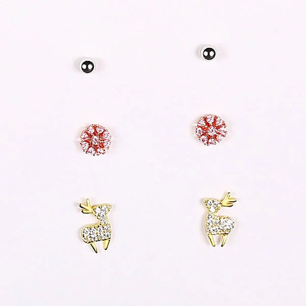 Lot de 6 boucles d'oreilles Renne et fleur en argent 925.