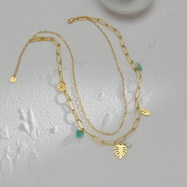 Collier Acier Inoxydable double Couches pierre d'amazonite