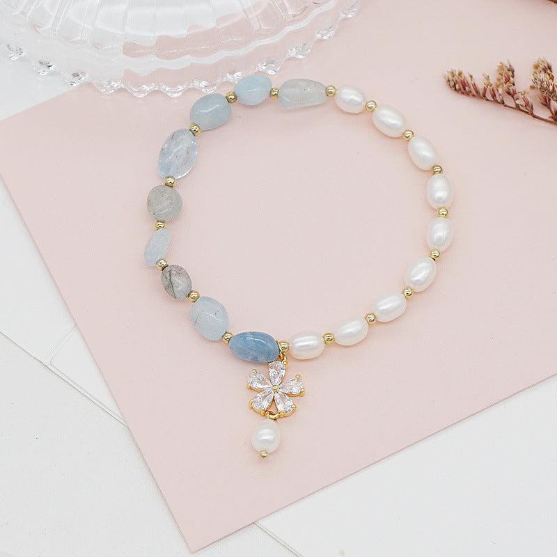 Bracelet fleur de zircon aigue-marine perle d'eau douce