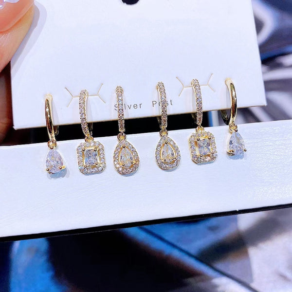 Ensemble de 6  Boucles D'oreilles Zircon en  Teardrop Et Créoles Rectangle 