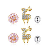 Lot de 6 boucles d'oreilles Renne et fleur en argent 925.