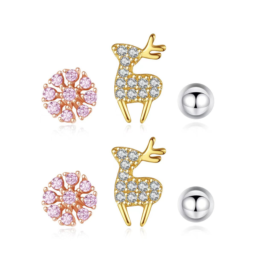 Lot de 6 boucles d'oreilles Renne et fleur en argent 925.
