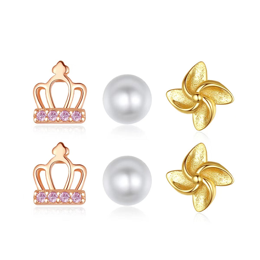 Ensemble de boucles d'oreilles 6pcs 925 Silver Tiara Pearl Pinwheel