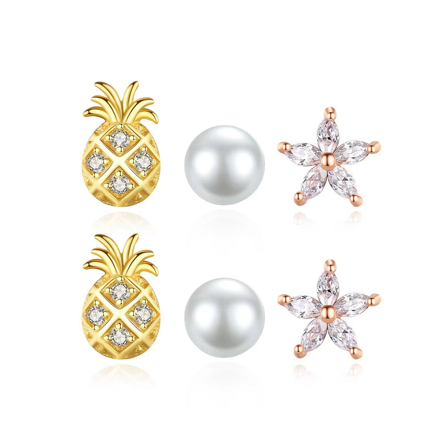 Ensemble de boucles d'oreilles 6pcs 925 Silver Tiara Pearl Pinwheel