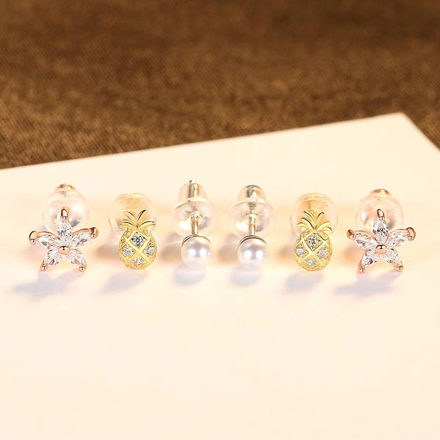 Ensemble de boucles d'oreilles 6pcs 925 Silver Tiara Pearl Pinwheel