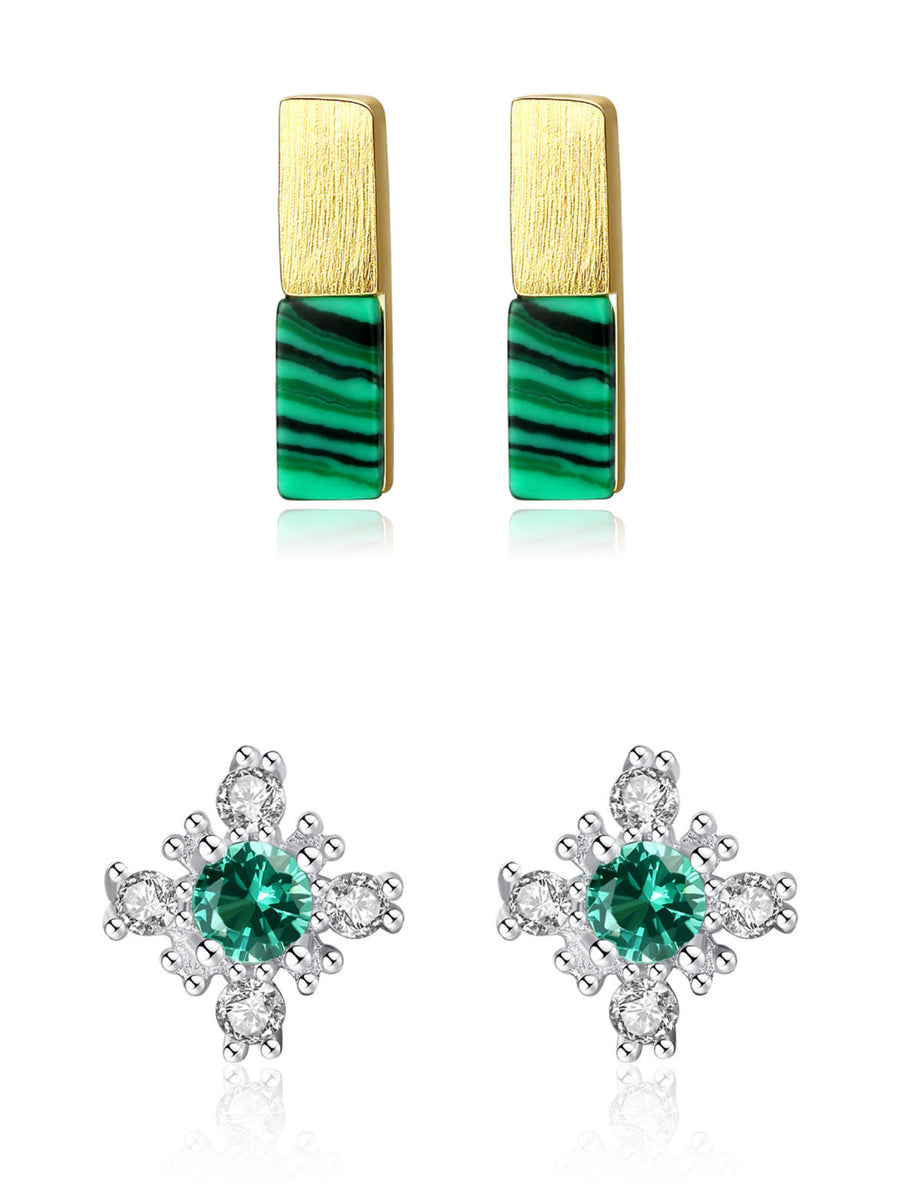 Ensemble de 2 boucles d'oreilles en argent 925 en pierre de  malachite fleur