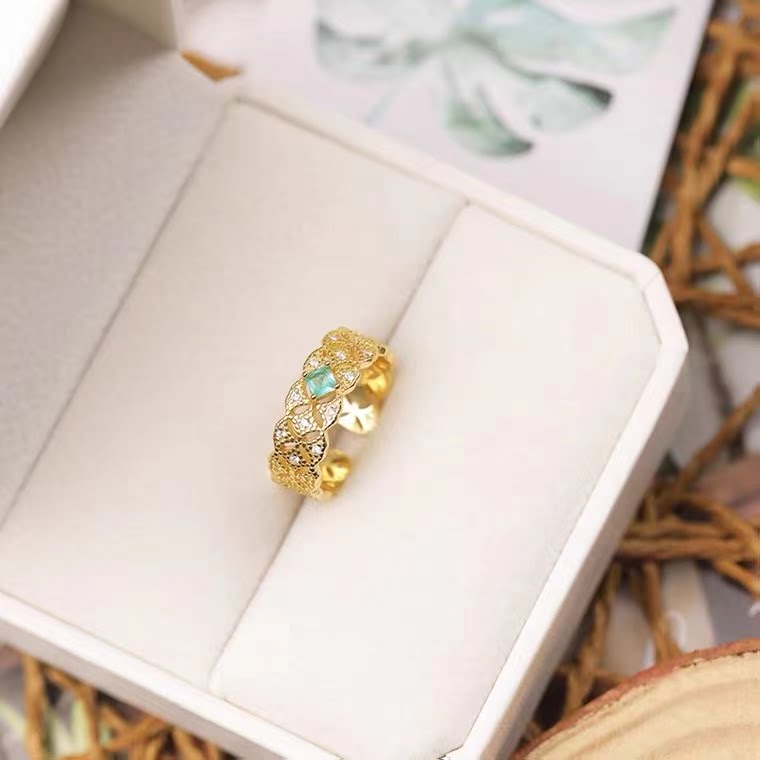 Bague ajustable dentelle émeraude en argent 925