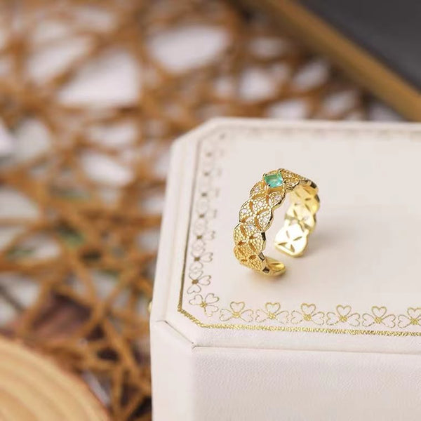 Bague ajustable dentelle émeraude en argent 925