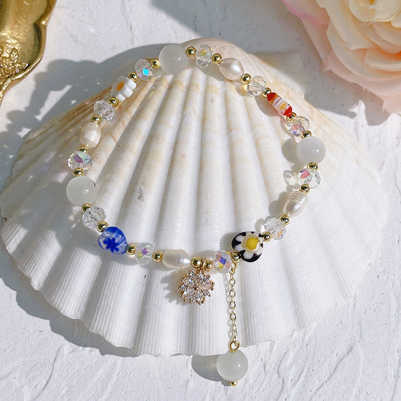 Bracelet Perle d'eau douce & Cat Eye & Millefiori Zircon Fleur