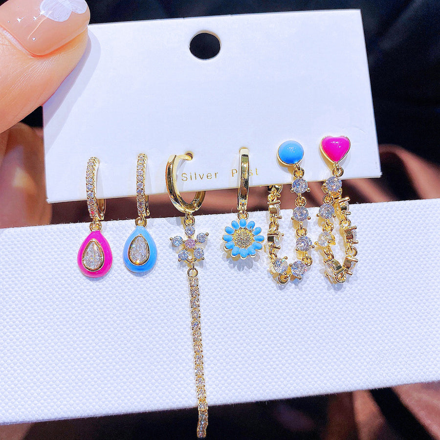 Candy Love Ensemble de 6 Boucles d'Oreilles Fleur Zircon et Chaîne