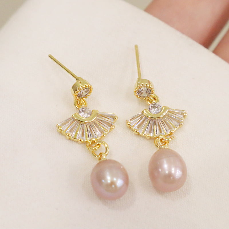 Boucle d'Oreille Perle d'Eau Douce Rose Zircon