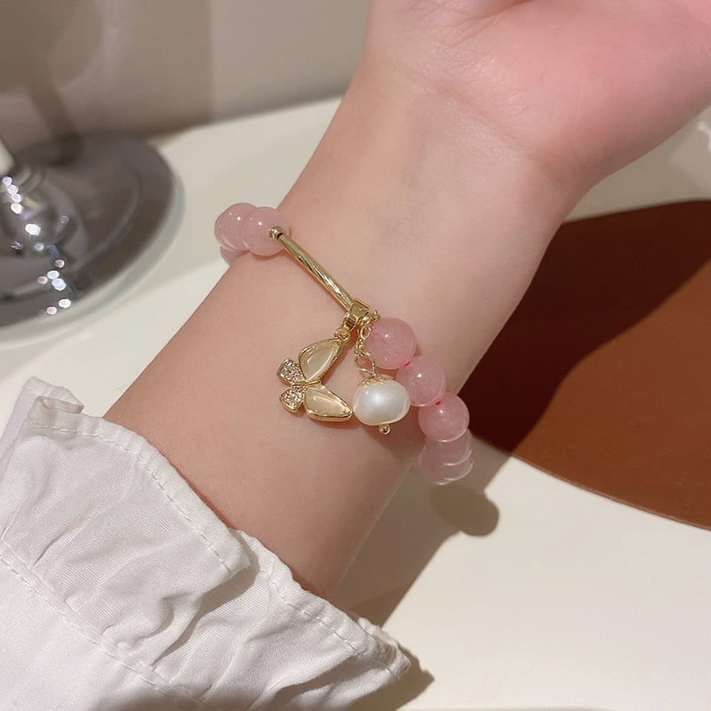 Bracelet papillon en perles d'eau douce et quartz rose
