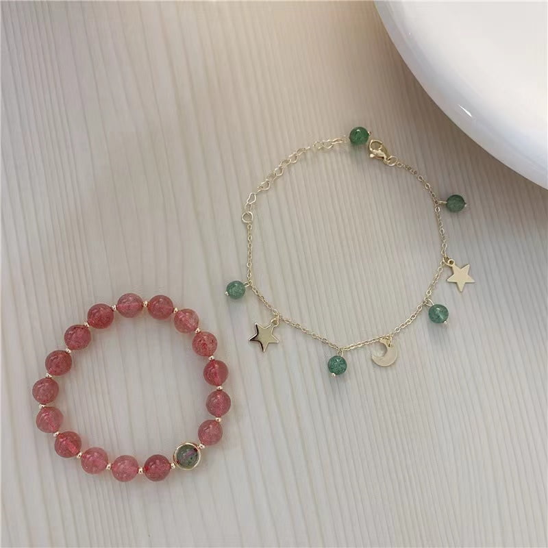 Ensemble de bracelets lune et étoile en quartz fraise 