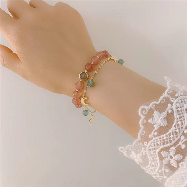 Ensemble de bracelets lune et étoile en quartz fraise 
