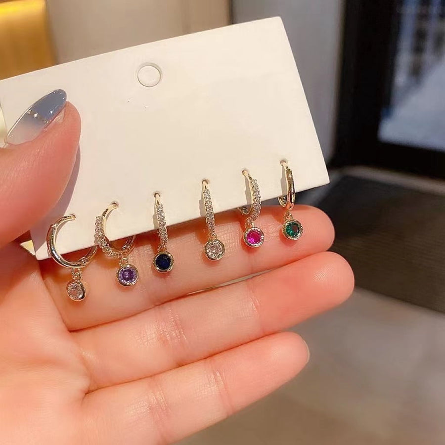 Boucle d'oreille 6pcs créoles rondes colorées en zircon